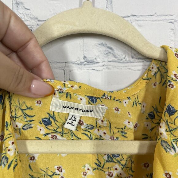 Max Studio Blouse Womens XL Yellow Floral Daisy Waist Belted Prairy Bohemian Top - Picture 5 of 12